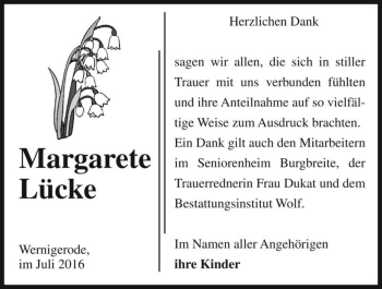 Traueranzeige von Margarete Lücke  von Magdeburger Volksstimme