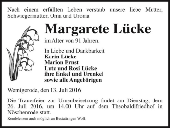 Traueranzeige von Margarete Lücke  von Magdeburger Volksstimme