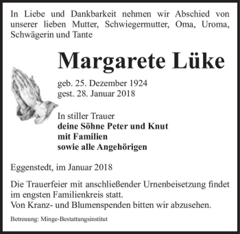 Traueranzeige von Margarete Lüke  von Magdeburger Volksstimme