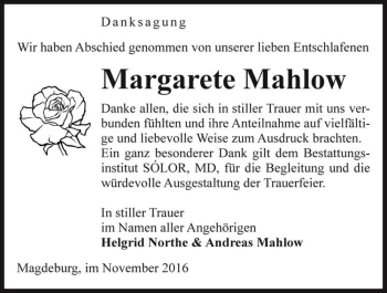 Traueranzeige von Margarete Mahlow  von Magdeburger Volksstimme