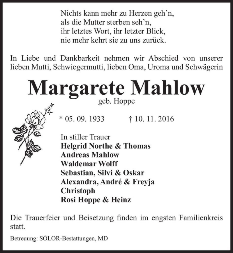  Traueranzeige für Margarete Mahlow (geb. Hoppe)  vom 19.11.2016 aus Magdeburger Volksstimme