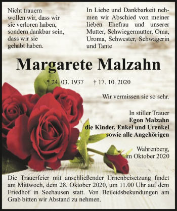Traueranzeige von Margarete Malzahn  von Magdeburger Volksstimme