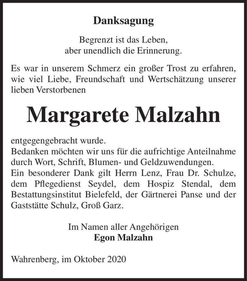  Traueranzeige für Margarete Malzahn  vom 03.11.2020 aus Magdeburger Volksstimme