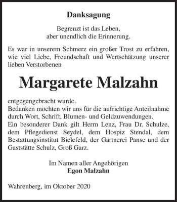Traueranzeige von Margarete Malzahn  von Magdeburger Volksstimme