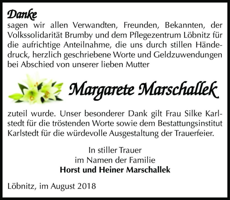  Traueranzeige für Margarete Marschallek  vom 18.08.2018 aus Magdeburger Volksstimme