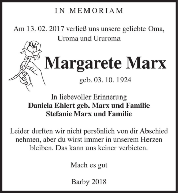Traueranzeige von Margarete Marx  von Magdeburger Volksstimme