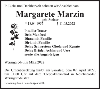 Traueranzeige von Margarete Marzin (geb. Steiner)  von Magdeburger Volksstimme