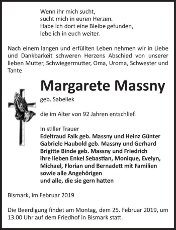 Traueranzeige von Margarete Massny (geb. Sabellek)  von Magdeburger Volksstimme