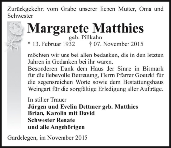 Traueranzeige von Margarete Matthies (geb. Pillkahn)  von Magdeburger Volksstimme