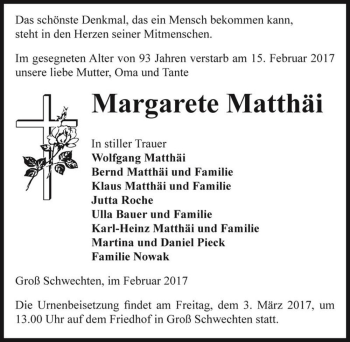 Traueranzeige von Margarete Matthäi  von Magdeburger Volksstimme