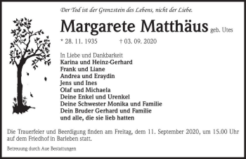 Traueranzeige von Margarete Matthäus (geb. Utes)  von Magdeburger Volksstimme