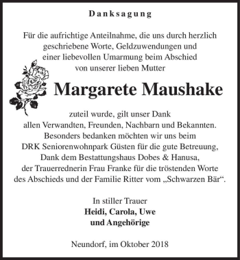 Traueranzeige von Margarete Maushake  von Magdeburger Volksstimme