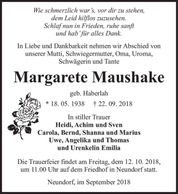 Traueranzeige von Margarete Maushake (geb. Haberlah)  von Magdeburger Volksstimme
