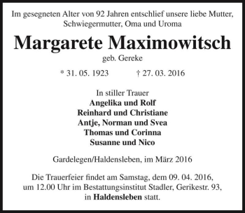 Traueranzeige von Margarete Maximowitsch (geb. Gereke)  von Magdeburger Volksstimme