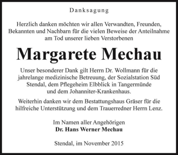 Traueranzeige von Margarete Mechau  von Magdeburger Volksstimme