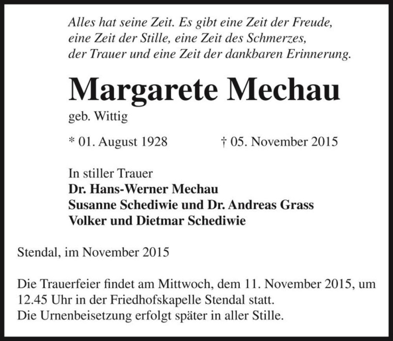  Traueranzeige für Margarete Mechau (geb. Wittig)  vom 07.11.2015 aus Magdeburger Volksstimme