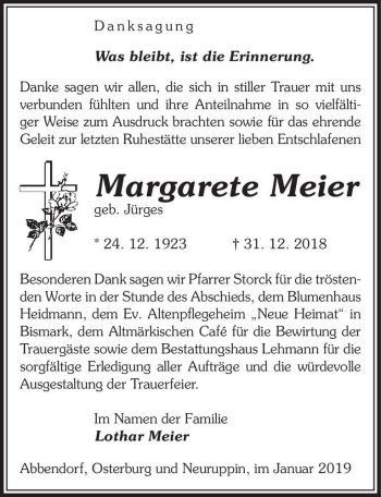 Traueranzeige von Margarete Meier (geb. Jürges)  von Magdeburger Volksstimme