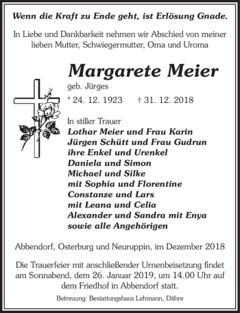 Traueranzeige von Margarete Meier (geb. Jürges)  von Magdeburger Volksstimme