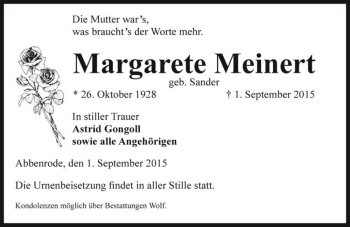 Traueranzeige von Margarete Meinert (geb. Sander)  von Magdeburger Volksstimme