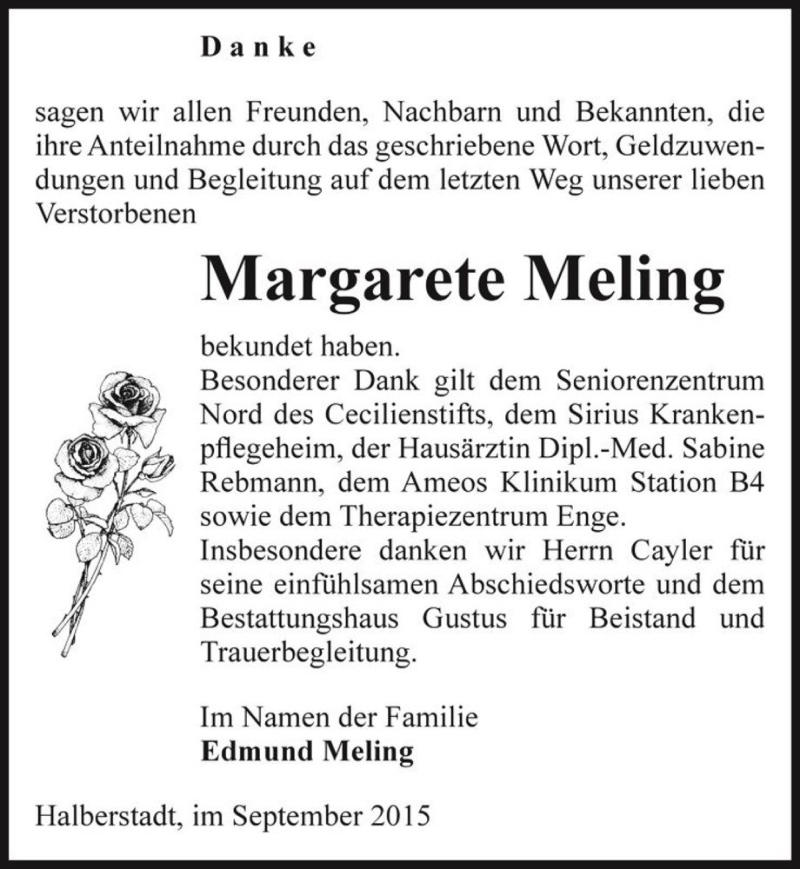  Traueranzeige für Margarete Meling  vom 12.09.2015 aus Magdeburger Volksstimme