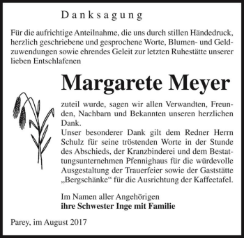Traueranzeige von Margarete Meyer  von Magdeburger Volksstimme