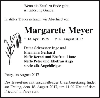 Traueranzeige von Margarete Meyer  von Magdeburger Volksstimme