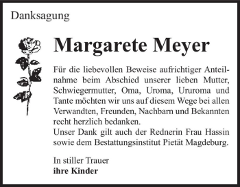 Traueranzeige von Margarete Meyer  von Magdeburger Volksstimme