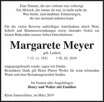 Traueranzeige von Margarete Meyer (geb. Lenkeit)  von Magdeburger Volksstimme