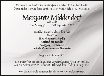 Traueranzeige von Margarete Middendorf (geb. Gille)  von Magdeburger Volksstimme