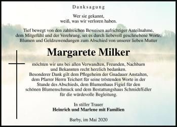 Traueranzeige von Margarete Milker  von Magdeburger Volksstimme