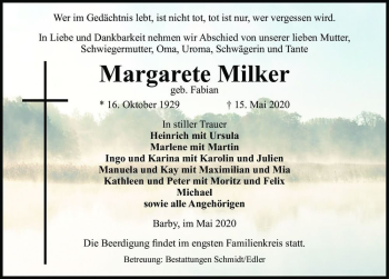 Traueranzeige von Margarete Milker (geb. Fabian)  von Magdeburger Volksstimme