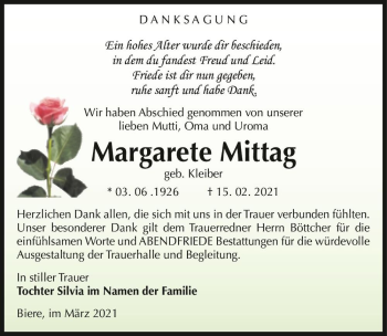 Traueranzeige von Margarete Mittag (geb. Kleiber)  von Magdeburger Volksstimme