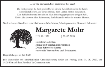 Traueranzeige von Margarete Mohr  von Magdeburger Volksstimme