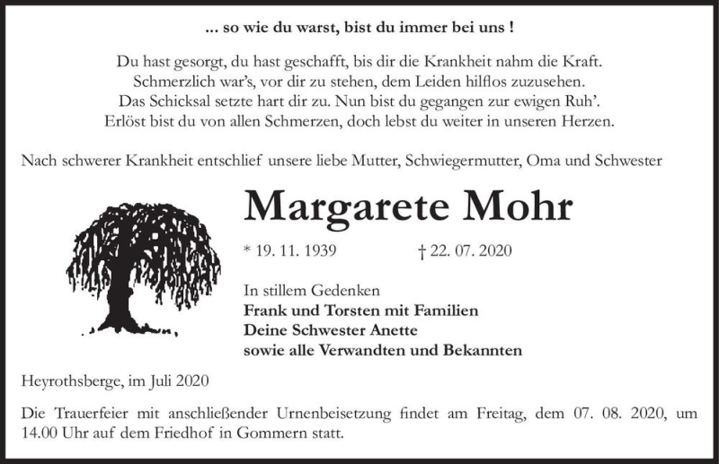  Traueranzeige für Margarete Mohr  vom 01.08.2020 aus Magdeburger Volksstimme