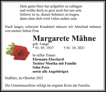Traueranzeige von Margarete Mähne (geb. Lange)  von Magdeburger Volksstimme