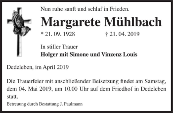 Traueranzeige von Margarete Mühlbach  von Magdeburger Volksstimme