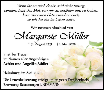Traueranzeige von Margarete Müller  von Magdeburger Volksstimme