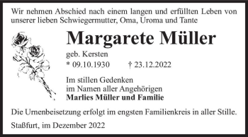 Traueranzeige von Margarete Müller (geb. Kersten)  von Magdeburger Volksstimme