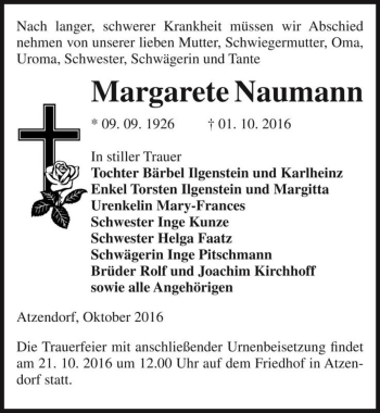 Traueranzeige von Margarete Naumann  von Magdeburger Volksstimme