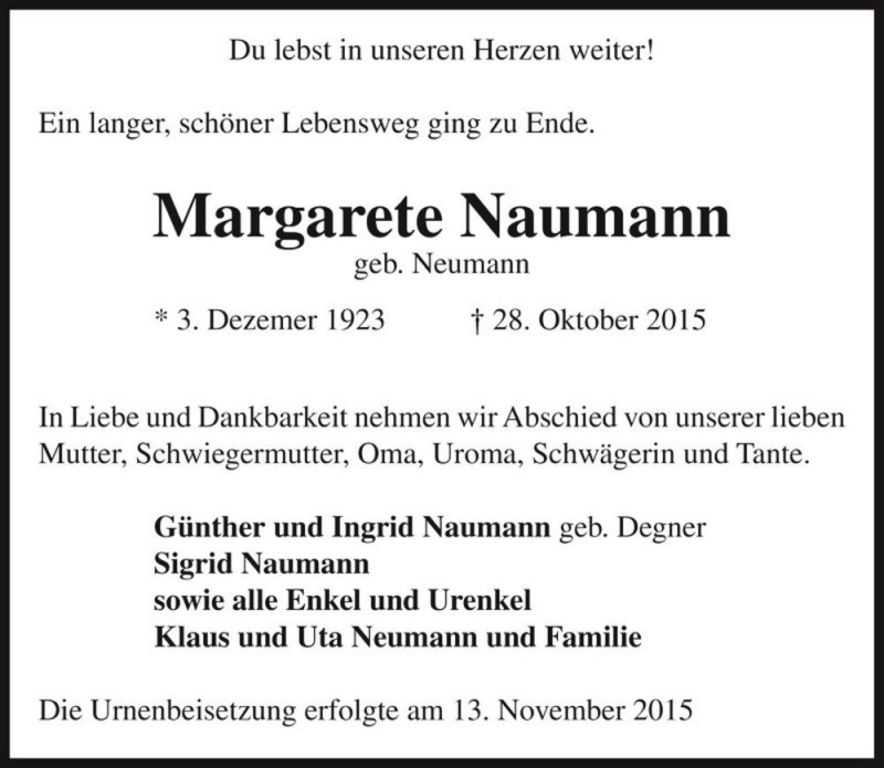  Traueranzeige für Margarete Naumann (geb. Neumann)  vom 14.11.2015 aus Magdeburger Volksstimme