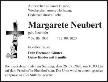 Traueranzeige von Margarete Neubert (geb. Neuhöfer)  von Magdeburger Volksstimme