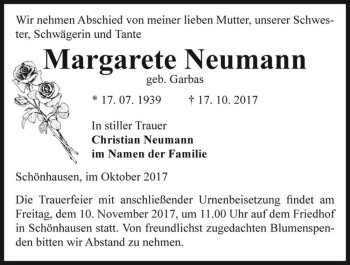 Traueranzeige von Margarete Neumann (geb. Garbas)  von Magdeburger Volksstimme