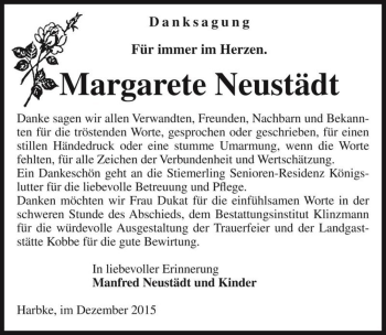 Traueranzeige von Margarete Neustädt  von Magdeburger Volksstimme