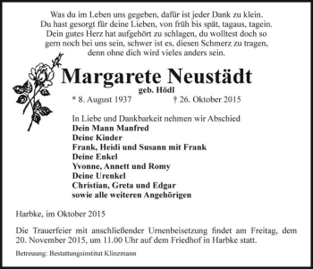 Traueranzeige von Margarete Neustädt (geb. Hödl)  von Magdeburger Volksstimme
