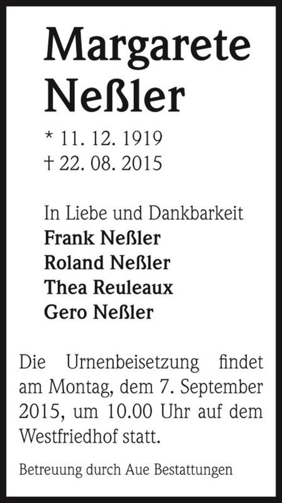  Traueranzeige für Margarete Neßler  vom 29.08.2015 aus Magdeburger Volksstimme