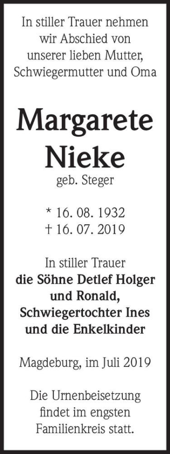 Traueranzeige von Margarete Nieke (geb. Steger)  von Magdeburger Volksstimme