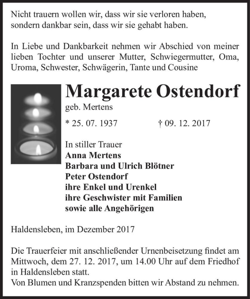  Traueranzeige für Margarete Ostendorf (geb. Mertens)  vom 16.12.2017 aus Magdeburger Volksstimme
