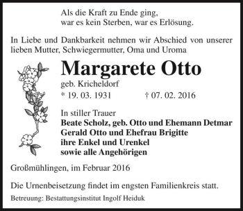 Traueranzeige von Margarete Otto (geb. Kricheldorf)  von Magdeburger Volksstimme