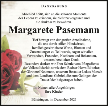 Traueranzeige von Margarete Pasemann  von Magdeburger Volksstimme