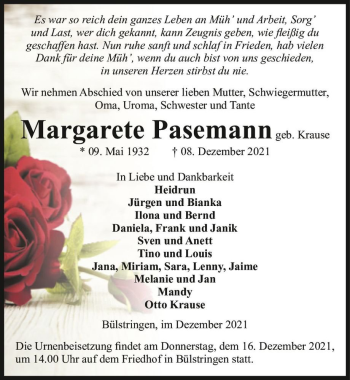 Traueranzeige von Margarete Pasemann (geb. Krause)  von Magdeburger Volksstimme